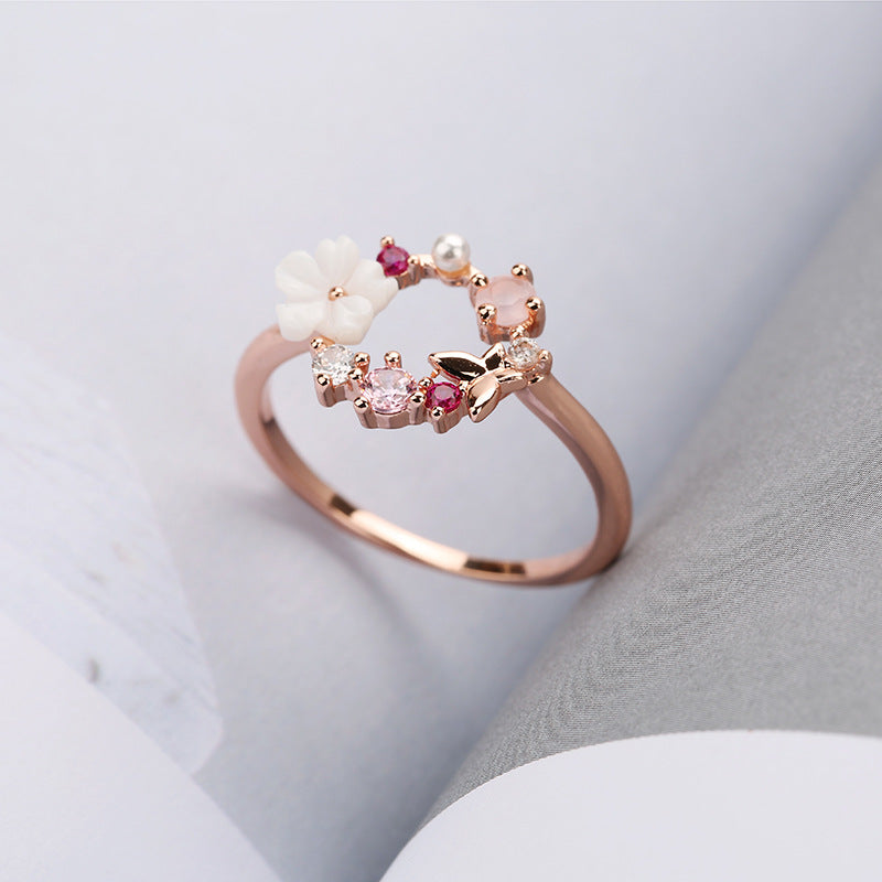 Wholesale Creative Butterfly Flower Rose Gold Micropaved Zirconia Pearl Ring